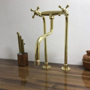 Uncoated Brass Kitchen Faucet With simple  Cross Handles. Antique brass faucet kitchen