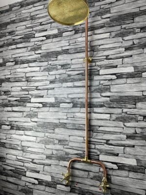 Antique shower system in copper finish with Golding head and handles