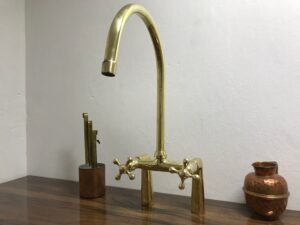 Augusta bridge unlacquered brass kitchen faucet with separate hand sprayer & Simple cross handles